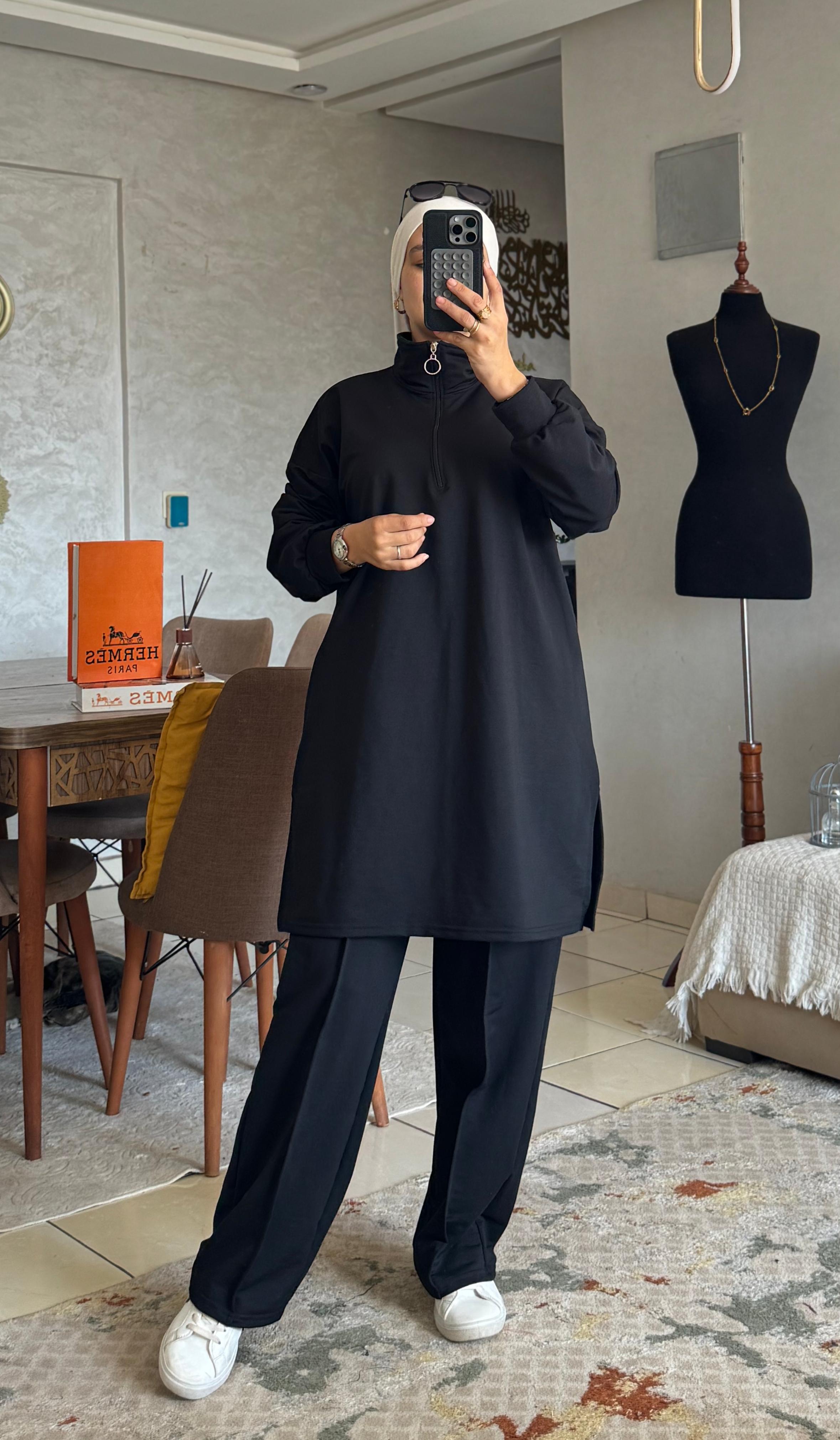 طقم نسائي محتشم من قطعتين — تونيك طويل بسحاب وقماش ناعم